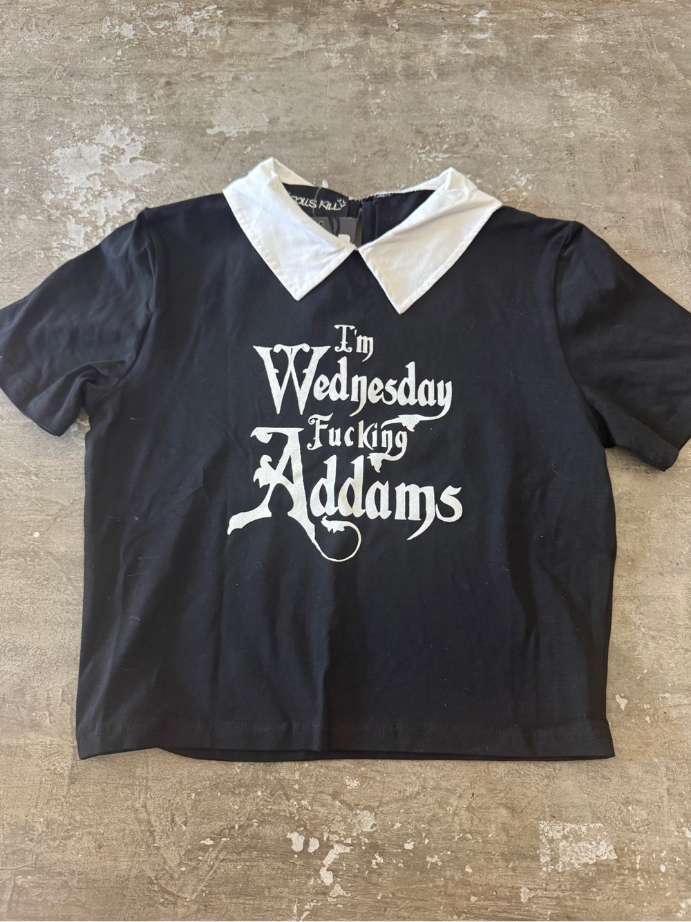 Dolls Kill Black Crop Tee with White Pointed Collar & White Gothic Graphic
